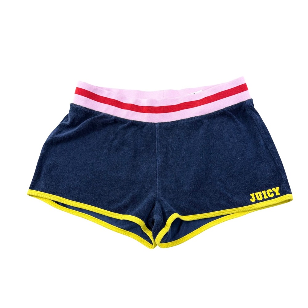 Juicy Couture Navy Terry Shorts with Pink Waistband and Yellow Trim